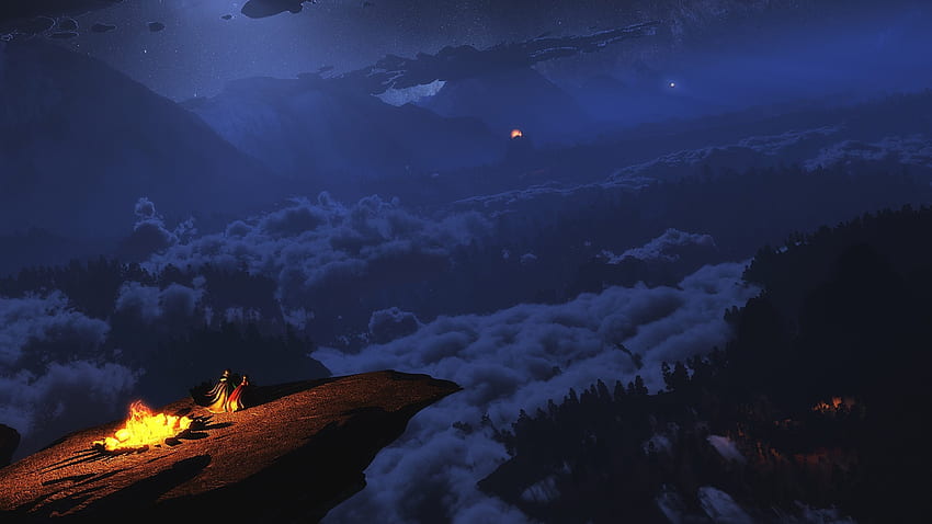 Fantasy Landscape, Night, Dual Monitor, Falò, Cliff, Edge per U TV, Bonfire Mountains Sfondo HD