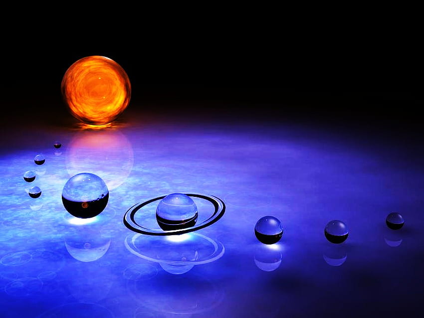 Solar system in glass, blue, depiction, planets, black background, orange, abstract, solar system, glass, sun HD wallpaper