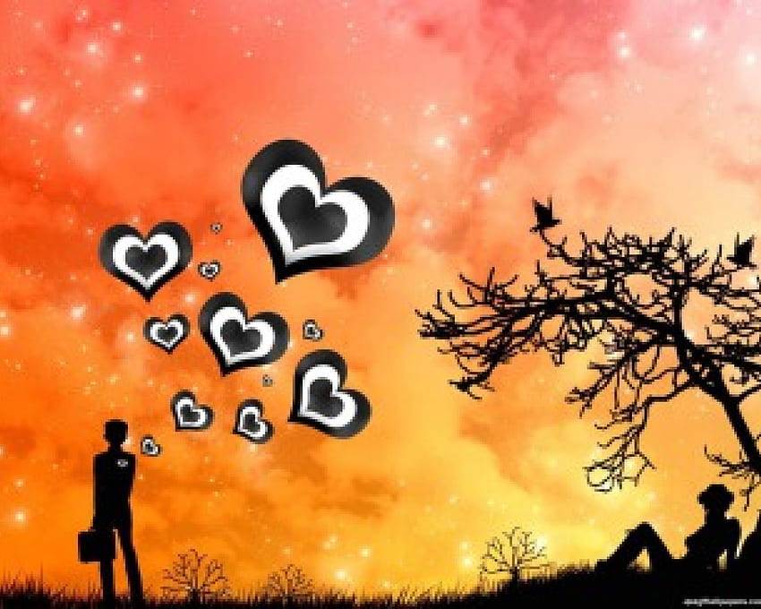 His Love, hearts, vector, male, silhouette, female, tree HD wallpaper