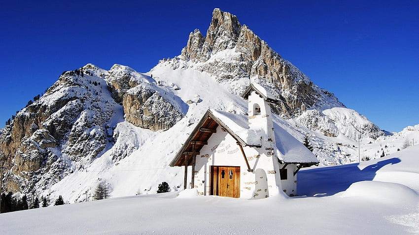 Mountain Chappel, winter, sunshine, church, snow HD wallpaper