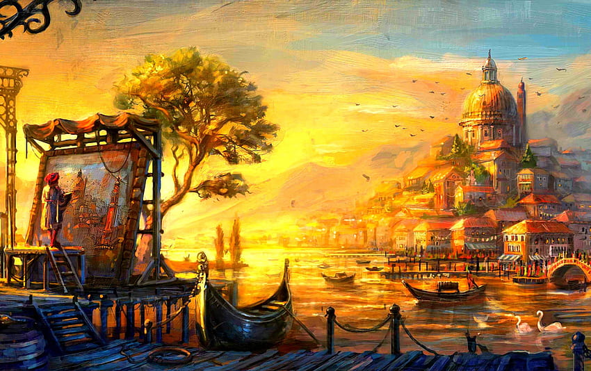 Pittura, fiume, barca, arte, case Sfondo HD