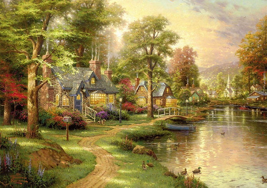 :), duck, painting, art, thomas kinkade, house, pictura, cottage, water, sunset HD wallpaper