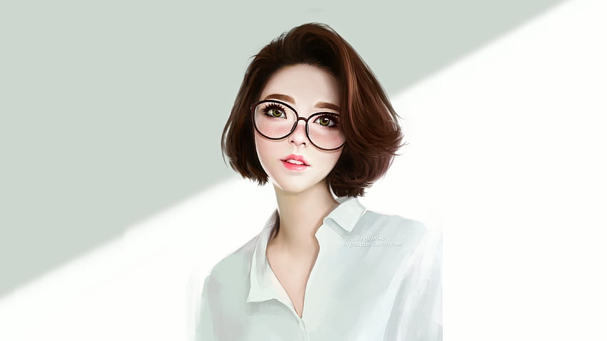 Cute, beautiful woman, brunette, short hair, glasses HD wallpaper