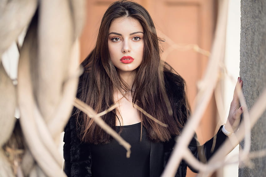 Girl in black jacket, gorgeous, brunette HD wallpaper