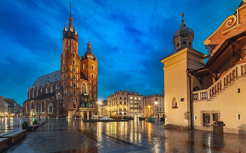 Basílica em Cracóvia, Polônia, Cracóvia, crepúsculo, Polônia, igreja papel de parede HD