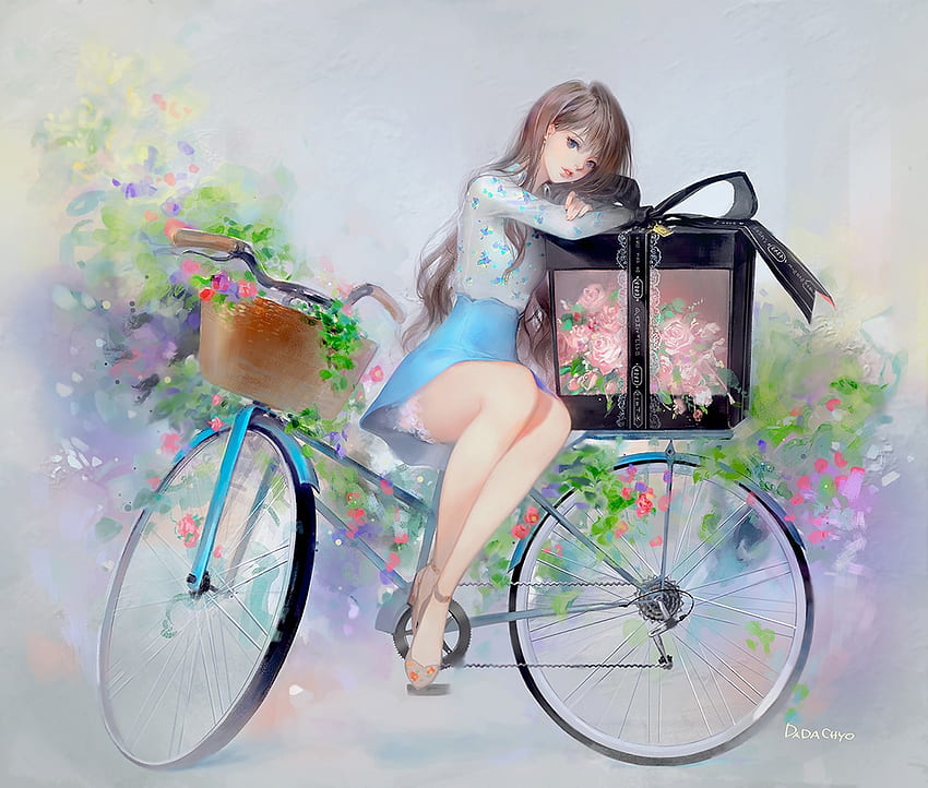 Girl, summer, basket, bicycle, anime, flower, luminos, dadachyo, manga HD wallpaper