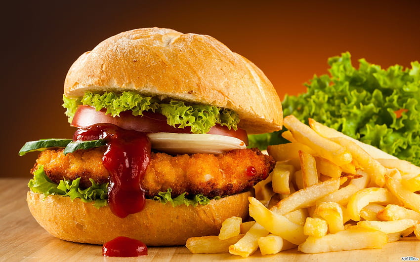 Chicken Burger With French Fries HD wallpaper