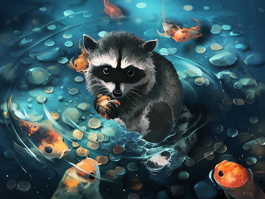 Water, Art, Raccoon, Coins HD wallpaper