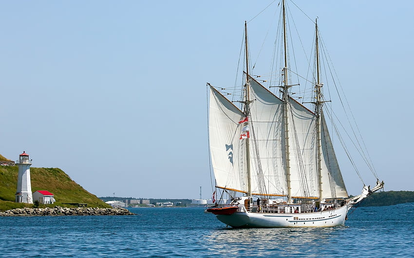 Blue Clipper, sails, tall ship, ship, water, lighthouse HD wallpaper