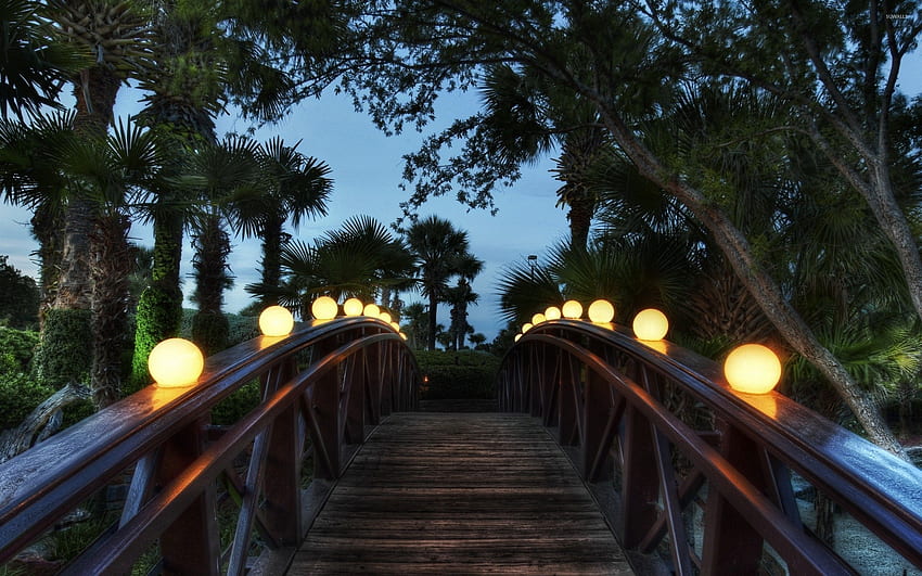 Pont de bois dans le jardin - Nature, Night Garden Fond d'écran HD