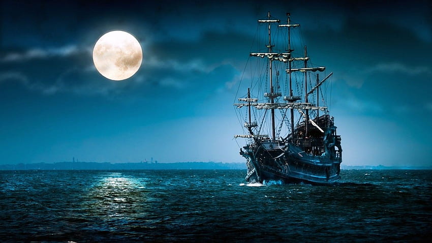 배, 바다, 달, 밤. 배, 해적선, 달빛, 바다의 배 HD 월페이퍼