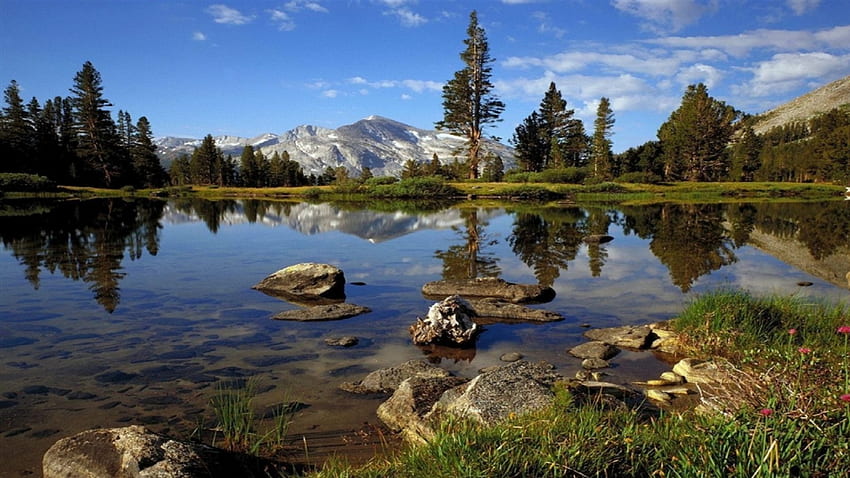 Yosemite Nationalpark, Kalifornien, Berg, See, Felsen, Tageslicht, Tag, Spiegelung, Wolken, Bäume, Natur, Himmel, Wasser, Wald HD-Hintergrundbild