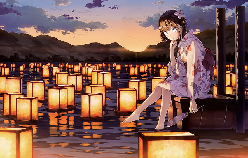 Anime Girl Kantoku Lanterns Mountains Clouds Scenic Yukata HD Wallpaper Pxfuel