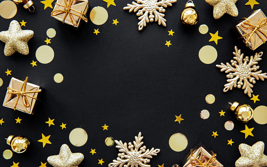 Christmas frame, , black background, Happy New Year, golden Christmas decorations, golden snowflakes, golden Christmas balls, Merry Christmas HD wallpaper