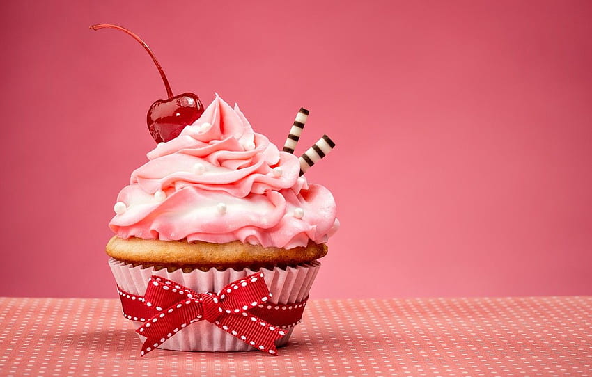 bow, cake, cream, Happy Birtay, pink, sweet, cupcake, cupcake, cream, dessert for , section еда, Pink Birtay Cuake HD wallpaper