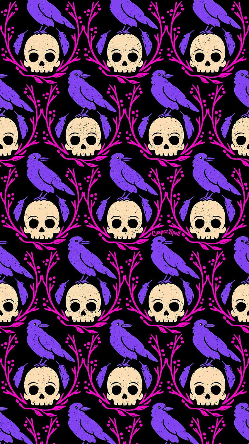 カラスの頭蓋骨 頭蓋骨のカラス ハロウィーン 不気味でかわいい不気味な紫ピンクの繰り返しパターン パターン 表面のデザイン。 ゴス、ハロウィン、ゴシック HD電話の壁紙
