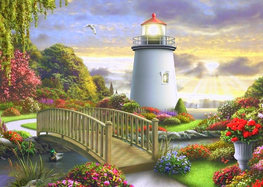 Dawn of Light, seaside, attractions in dreams, garden, paradise, lighthouses, paintings, spring, sunrise, summer, love four seasons, dawn, nature, flowers, bridges HD wallpaper