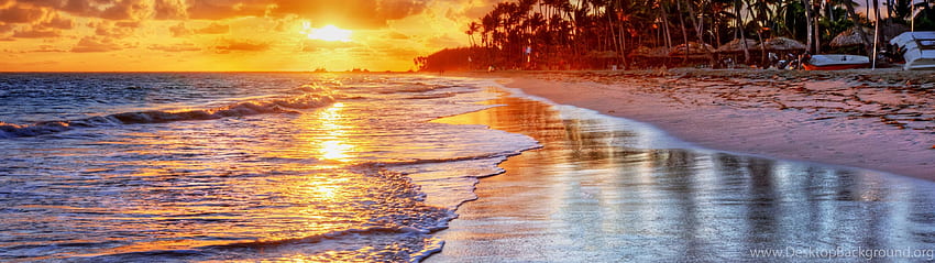 Sunset, Tropical, Ocean, Sand, Sea, Palms, Beach, Shore Background, 3840X1080 Dual Monitor Beach HD wallpaper