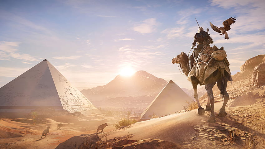 Hunting With Falcon Hunter Riding On Camilla In The Desert Of Ancient Egypt Pyramids In Giza HD wallpaper