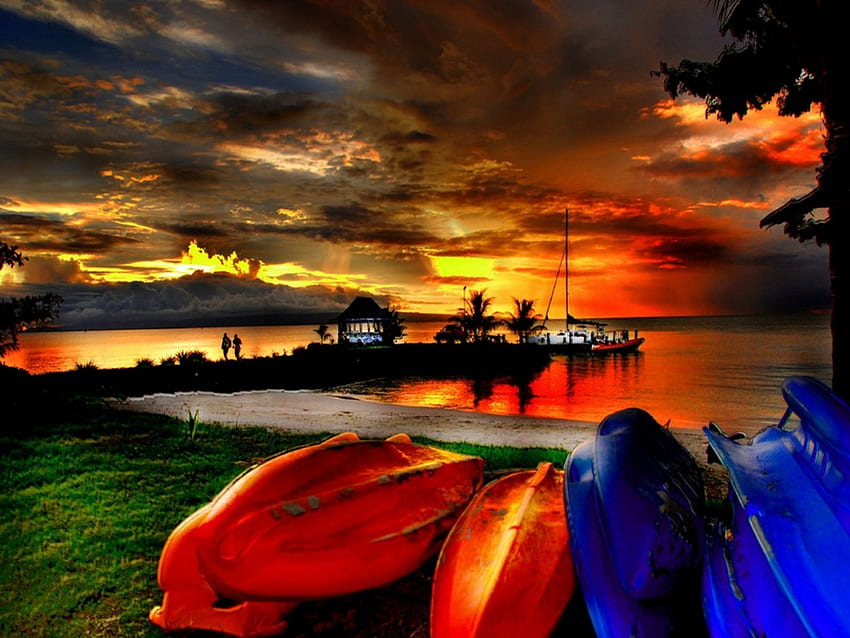 sunset, colorful, color, boats, clouds, sky, ocean HD wallpaper