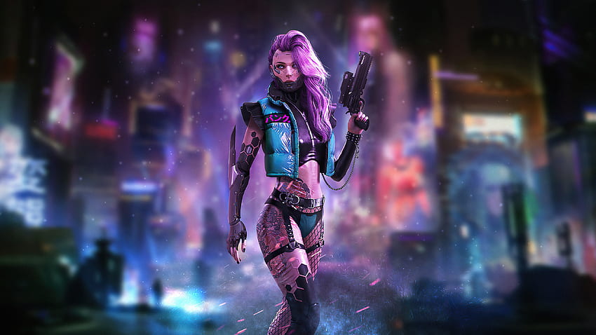 Cyberpunk, tatuaggio sul corpo, ragazza con le pistole Sfondo HD