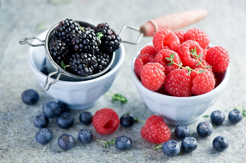 Food, Raspberry, Blackberry, Berry, Bowls HD wallpaper