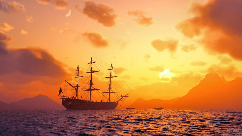 magnificent tall ship in intense sunset, sea, clouds, sail ship, sunset HD wallpaper