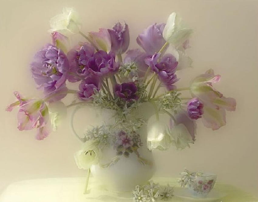 Anémona y tulipanes, blanco, anémonas, floral, tulipanes, femenino, jarra, naturaleza muerta, bonita, lila fondo de pantalla