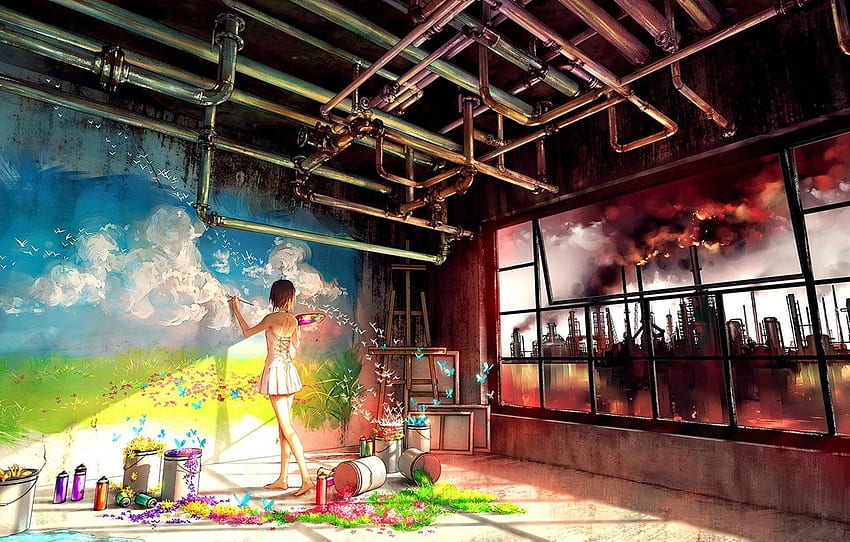 colorful, girl, wall, grass, sky, landscape, smoke, Colorful Anime Scenery HD wallpaper