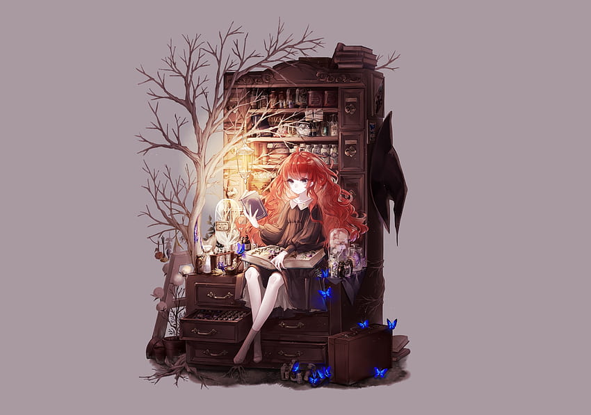 Witch, anime girl, read, minimal HD wallpaper