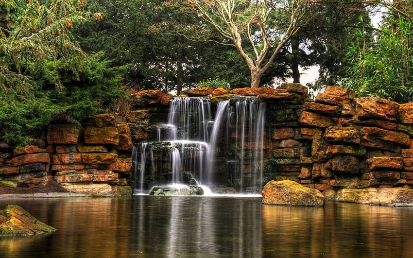 Nature, Waterfall, Park, Plate, Pond, Slabs HD wallpaper