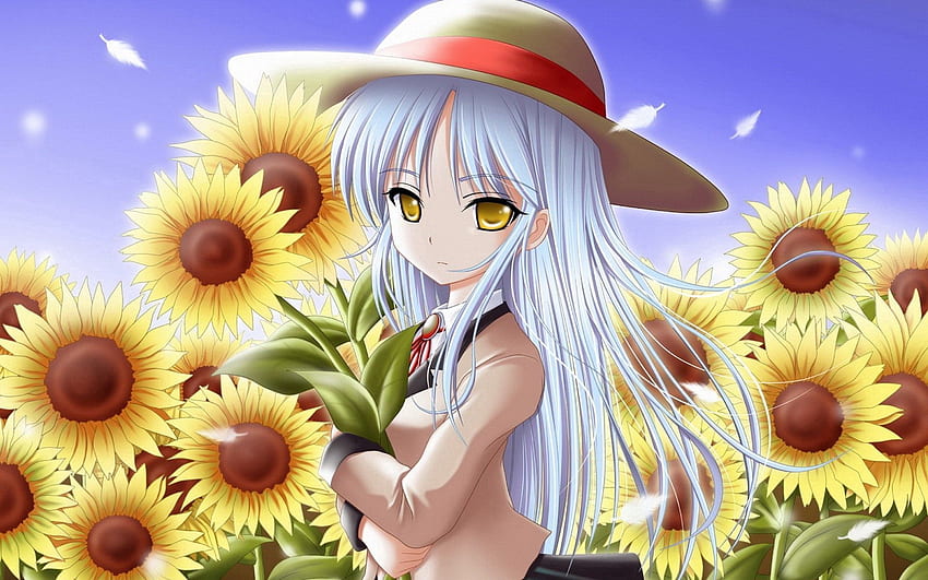 Anime, Sunflowers, Field, Girl, Stroll HD wallpaper