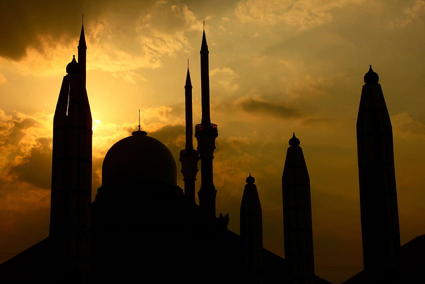 edificios, indonesia, mezquita, semarang, silueta, puesta de sol fondo de pantalla