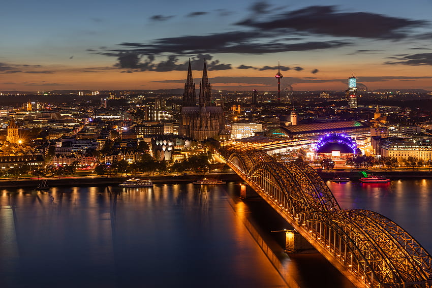 Kota, Arsitektur, Kota Malam, Lampu Kota, Jembatan, Koln, Cologne Wallpaper HD