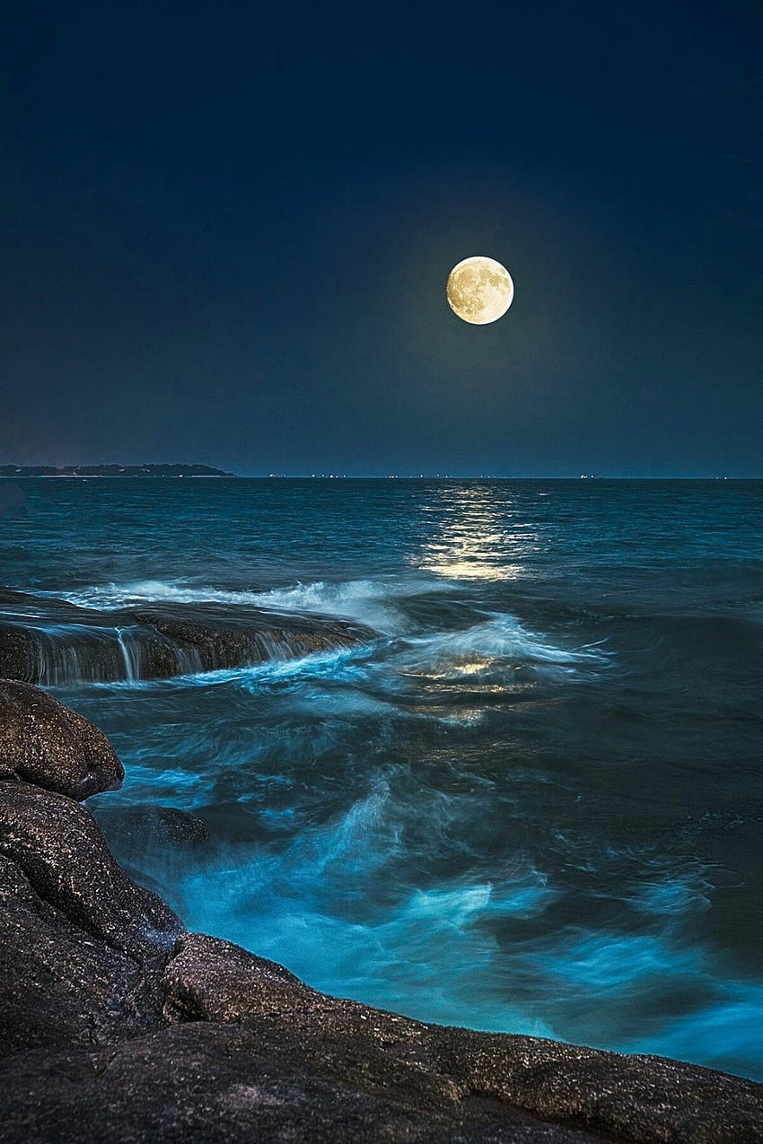 Luna sobre océano, atmósfera, cielo. fondo de pantalla del teléfono