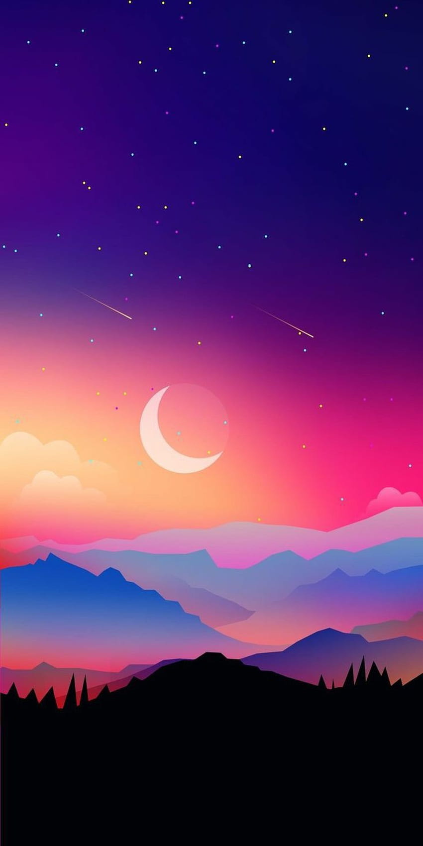 Paisaje, cielo, estrelas, luna, montanas HD phone wallpaper