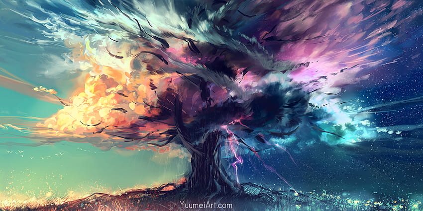 Дигитална живопис Фентъзи изкуство Дървета Облаци Небе Произведения на изкуството Yuumei - Резолюция: HD тапет
