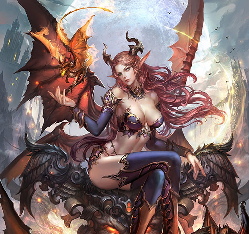 Invocador de dragão, menina, fantasia, kdash, asas, invocador, dragão papel de parede HD