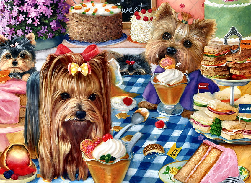 Yorkshire Pudding F, animal, art, dogs, beautiful, ice cream, artwork, wide screen, painting, pets, yorkshire terrier, canine HD wallpaper