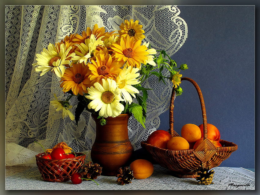 Still life, colorful, bouquet, peach, cozy, spring, daisies, nice, basket, delicate, yummy, room, cherries, vase, apricot, beautiful, fruits, fresh, arrangement, curtain, summer, tender, pretty, freshness, flowers, lovely HD wallpaper
