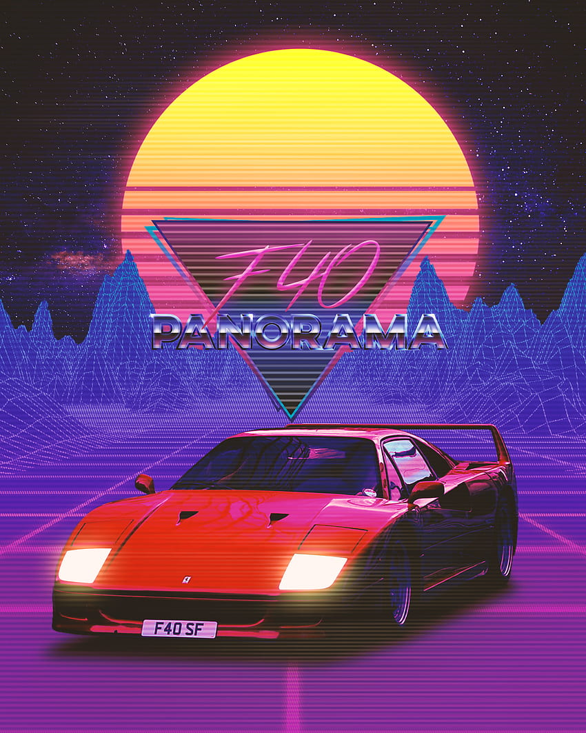 Ferrari F40, retro, lata 80., słońce, vaporwave Tapeta na telefon HD