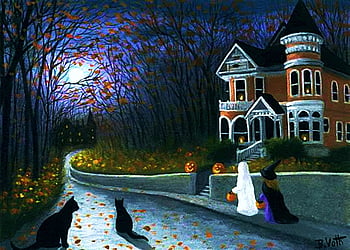 You go first !, artwork, ghosts, halloween, children, painting, moon ...