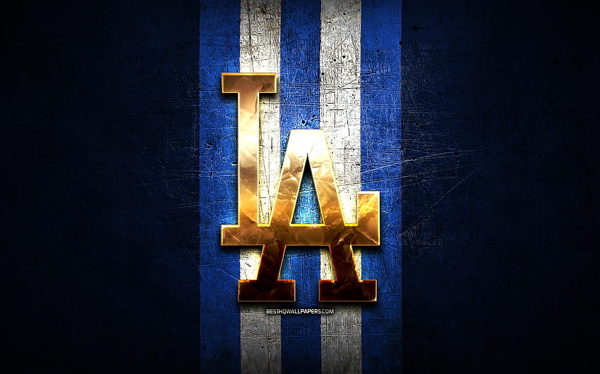 Godło Los Angeles Dodgers, MLB, złoty emblemat, niebieskie metalowe tło, amerykańska drużyna baseballowa, Major League Baseball, LA Dodgers, baseball, Los Angeles Dodgers Tapeta HD