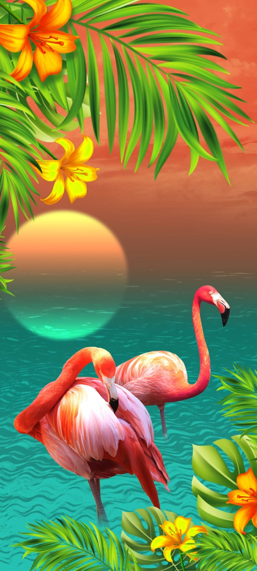 Хавайско слънчево фламинго, булка, голямо фламинго, зелено, естествено, неоново HD тапет за телефон