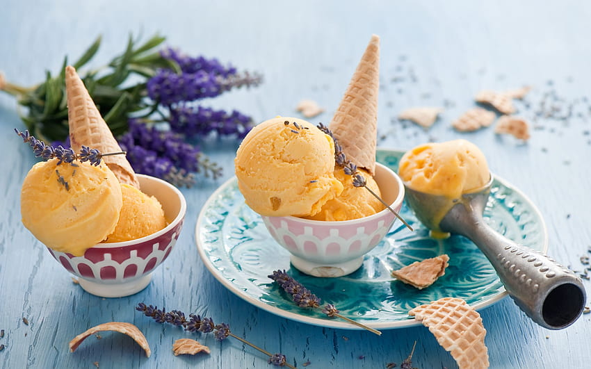 ice cream, cone, lavender, dessert HD wallpaper