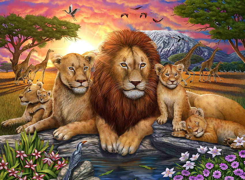 Lion's family, family, art, lion, leu, painting, pictura HD wallpaper