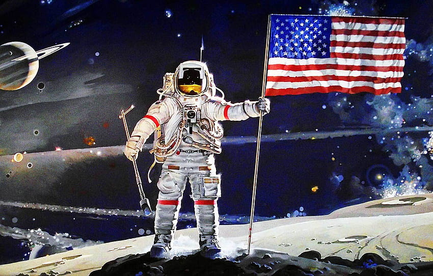 Księżyc, Flaga, Usa, Ameryka, Apollo - Astronauta Umieszcza Flagę Na Księżycu, Apollo Astronauta Tapeta HD