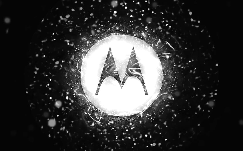 Motorola white logo, , white neon lights, creative, black abstract background, Motorola logo, brands, Motorola HD wallpaper