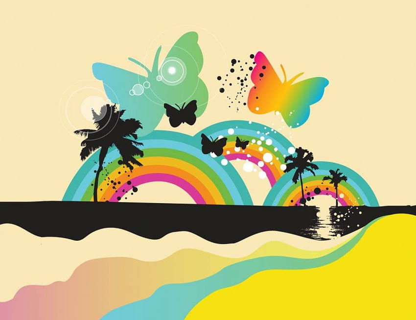 虹と蝶、ヤシの木、抽象、虹、蝶、ビーチ 高画質の壁紙