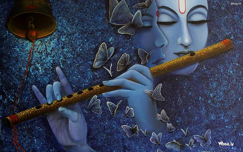 Lord Radhe Krishna Memainkan Flute Blue Painting Wallpaper HD